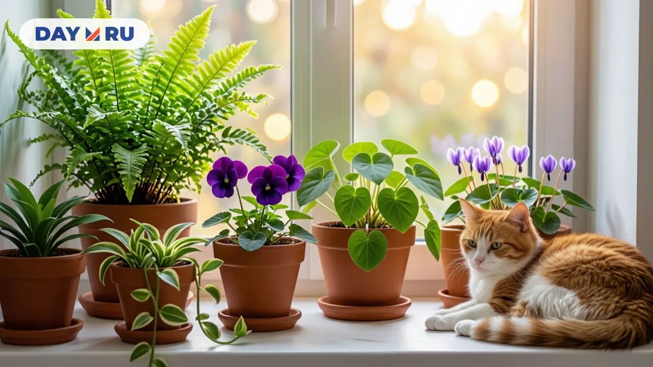 Кот на подоконнике с цветами