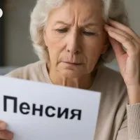 Бабушка держит в руках бумагу, где написано "пенсия"