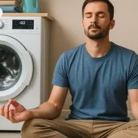 Мужик медитирует под стиральную машину