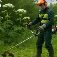 Экипировнный мужчина косит траву