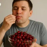 Мужчина ест много черешни
