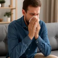 Человек купил новый диван и чихает