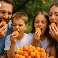 Семья кушает абрикосы