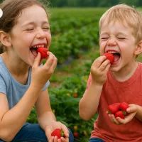 Дети едят клубнику