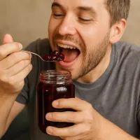 Человек ест вишневое варенье