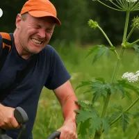 Мужчина соприкасается с борщевиком