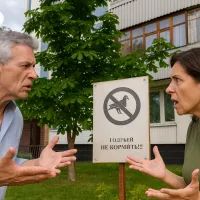 Двое спорят около таблички