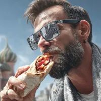 Мужчина ест шаурму