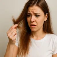 Девушка рассматривает сломанные кончики своих волос