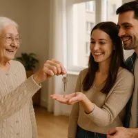 Пожилая женщина протягивает ключи молодой паре 