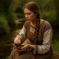 Русская девушка с длинной косой у ручья делает травяной уход