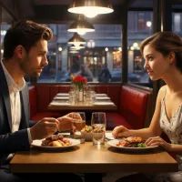 Мужчина и женщина обедают в ресторане