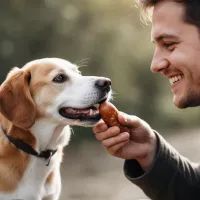 Хозяин кормит собаку