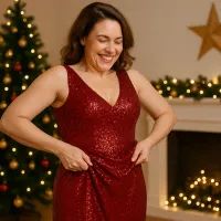 Женщина радостно подтягивает сияющее красное платье