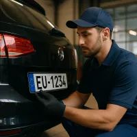 Автомеханик меняет номерные знаки автомобиля