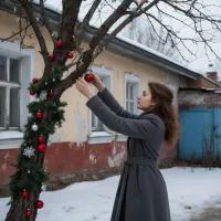 Девушка украшает дерево