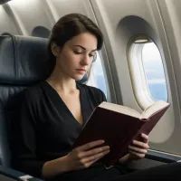 Девушка читает книгу в самолете