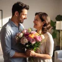Мужчина дарит матери цветы