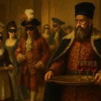На маскараде боярин в золотой маске подаёт напитки
