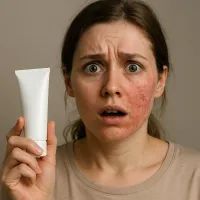 Девушка с ожогом на лице после применения крема