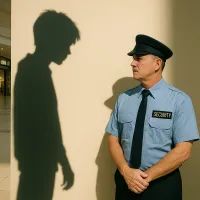 Тень подростка нависает над охранником в торговом центре