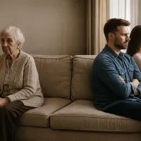 Пожилая женщина и молодая пара сидят на одном диване по разным сторонам