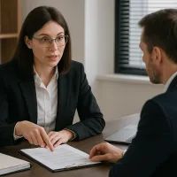 Юрист в деловом кабинете показывает клиенту документ