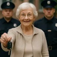 Пожилая женщина протягивает ключи от авто, а позади неё стоят офицеры