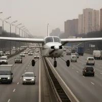 Самолёт идёт на аварийную посадку прямо по трассе, зависнув над потоком машин