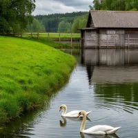 Река, лебеди