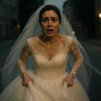 Невеста в свадебном платье бежит по пустой ночной улице