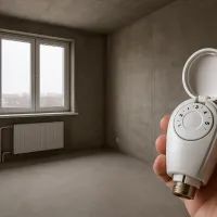 Пустая бетонная новостройка и рука, держащая терморегулятор, выкрученный на максимум.