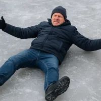 Мужчина в зимней одежде лежит на спине на скользком льду после падения.