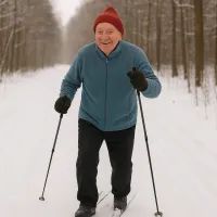 Пожилой мужчина катается на беговых лыжах