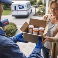 Почтальон передаёт лекарства получателю у дома.