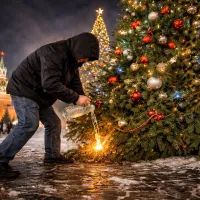 Человек в капюшоне пытается поджечь новогоднюю ёлку