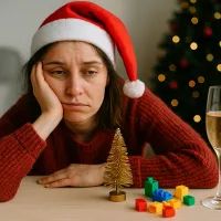 Уставшая женщина в новогоднем колпаке сидит за столом с бокалом