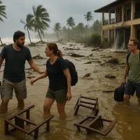 Туристы идут по затопленному берегу среди разрушенного отеля