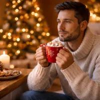 Человек в уютном свитере пьёт горячее какао