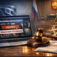 Онлайн-кинотеатр на экране ноутбука с пометкой «лицензия отозвана»