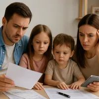 Семья с двумя детьми внимательно изучает финансовые документы дома