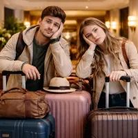 Уставшие туристы с чемоданами в холле отеля