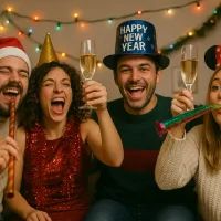 Шумная компания встречает Новый год с бокалами шампанского