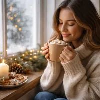 Девушка спокойно пьёт горячее какао