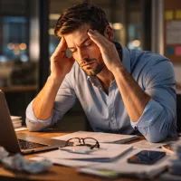 Сильная усталость, выгорание, поздняя работа.