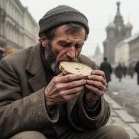 Нищий ест хлеб