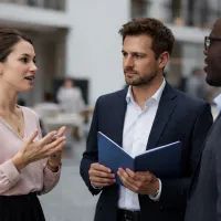 Трое профессионалов в современном офисе обсуждают рабочие вопросы