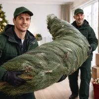 Служба вывозит упакованную ёлку из квартиры 