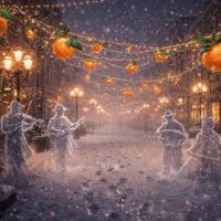 Заснеженный Арбат с мандариновыми огнями и призрачными музыкантами в зимнем воздухе