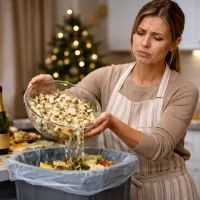 Грустная хозяйка выбрасывает испорченный салат оливье